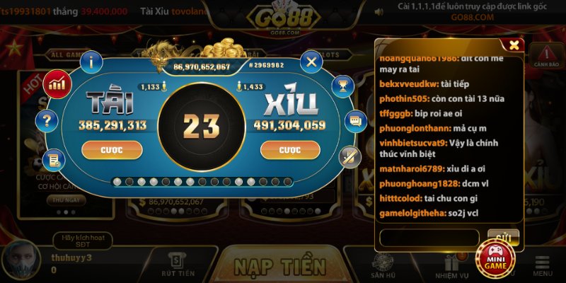 Giao diện tài xỉu Go88 hiển thị rõ ràng dễ theo dõi