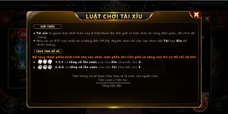 Luật chơi tài xỉu Go88 dựa trên tổng điểm xúc xắc